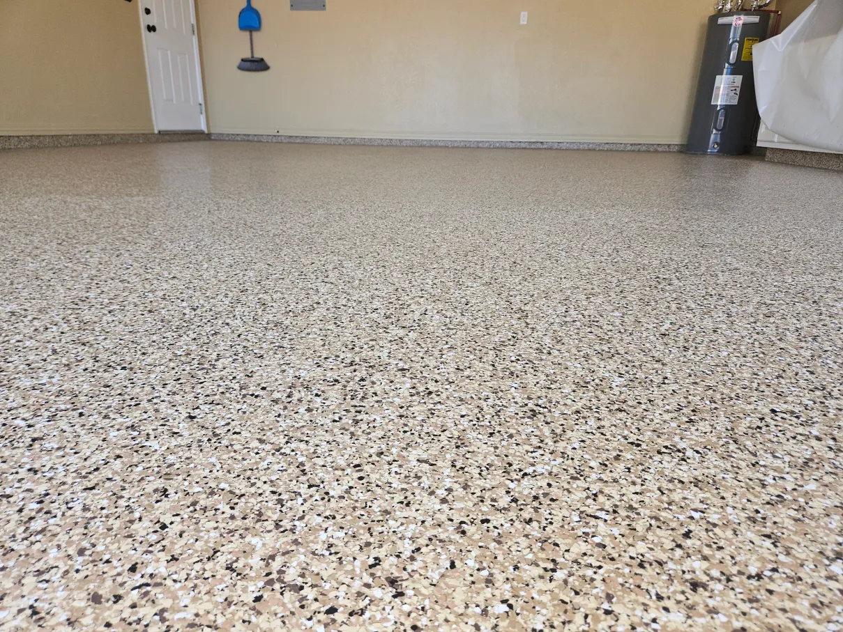 Freshly coated garage floor with a flake finish