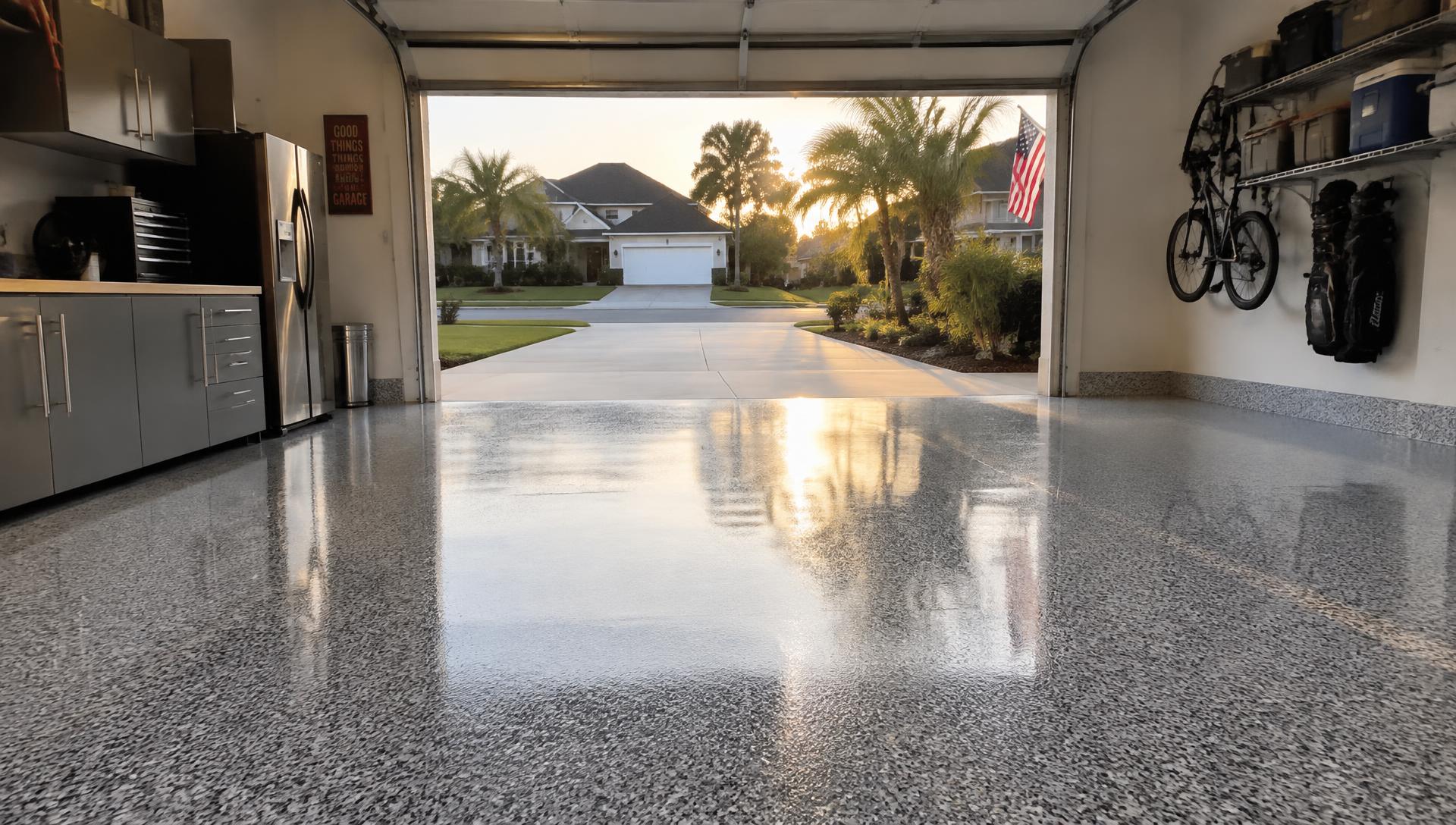 Garage with a freshly installed gray flake concrete coating reflecting evening light